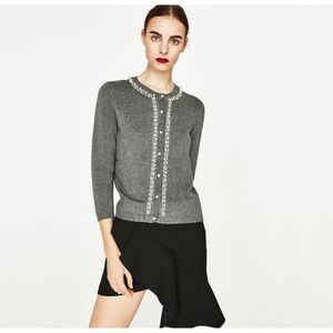 ZARA Faux Pearl Embellished Cardigan Sweater Size M